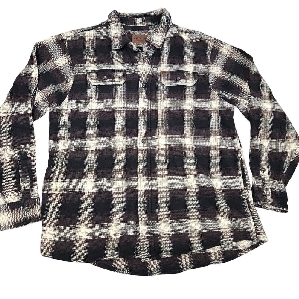 Orvis Flannel Shirt Mens XL Black Brown Shadow Plaid Button Down Outdoor Casual